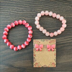 Pink Beaded Bracelet and Bow Earring Set